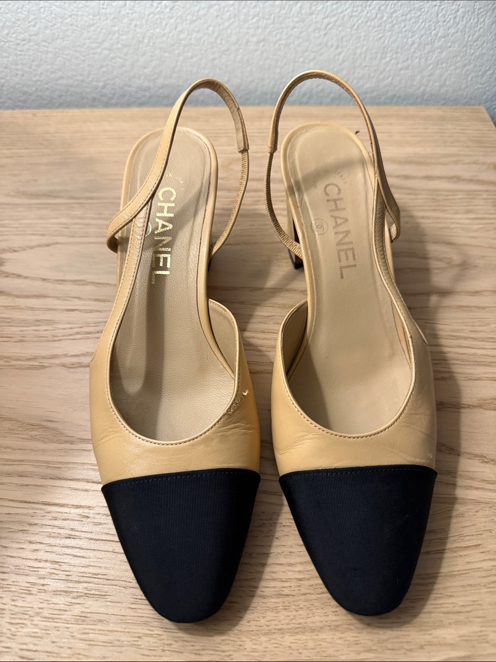CHANEL Two-Tone Beige Leather Slingback Mules with Black Cap Toes 38